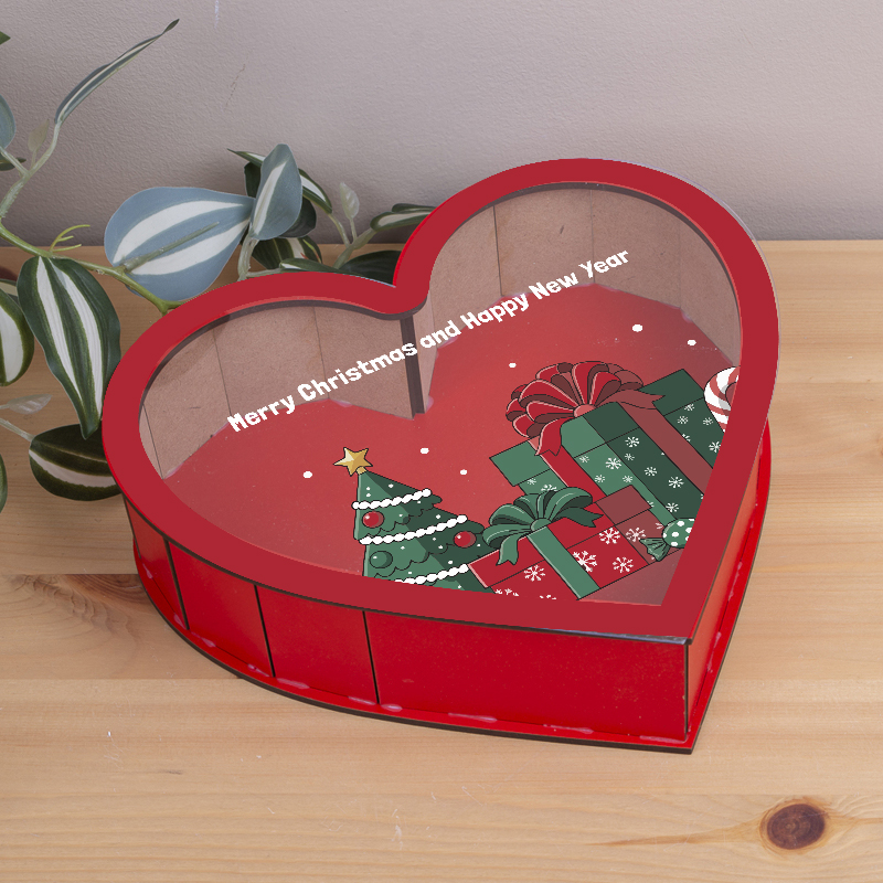 коробка сердце 22,5 см деревянная красная "Merry Christmas and Happy New Year"